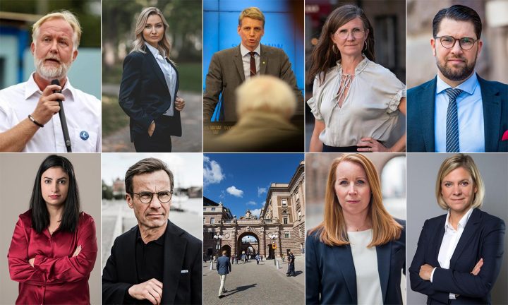 Collage av bilder på partiledarna, fr v till höger: Johan Pehrson, Ebba Busch, Per Bolund, Märta Stenevi, Nooshi Dadgostar, Ulf Kristersson, Riksdagshuset, Annie Lööf och Magdalena Andersson.