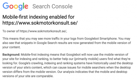 Search Console-meddelande om mobile first indexing